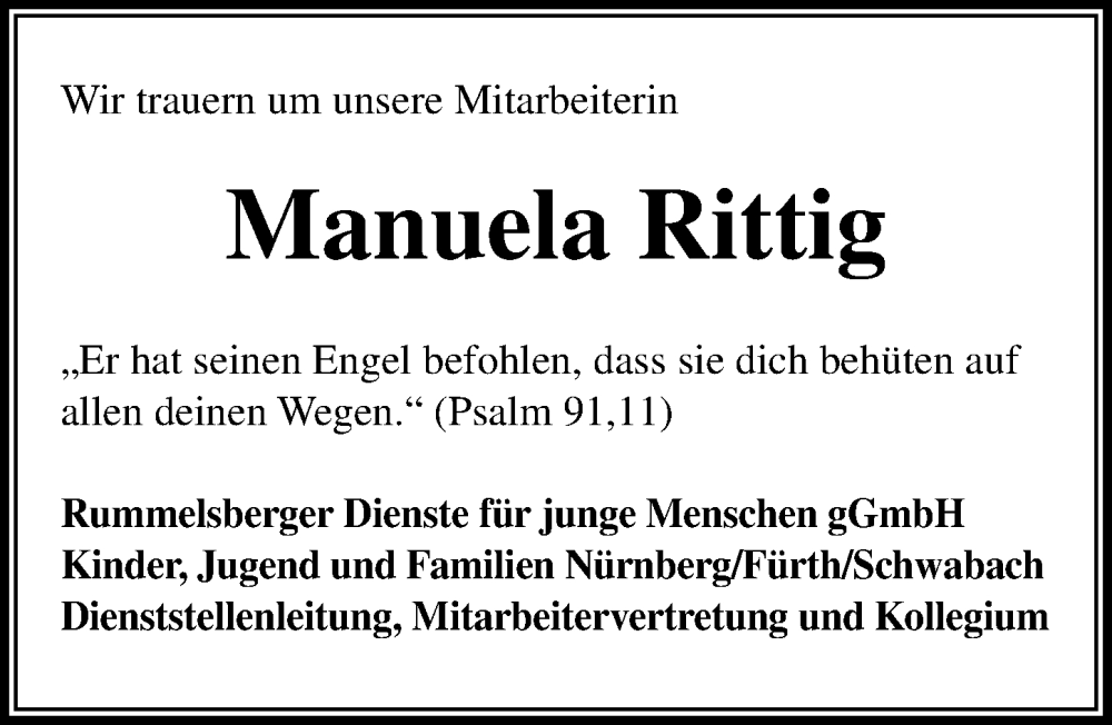  Traueranzeige für Manuela Rittig vom 02.07.2022 aus Gesamtausgabe Nürnberger Nachrichten/ Nürnberger Ztg.
