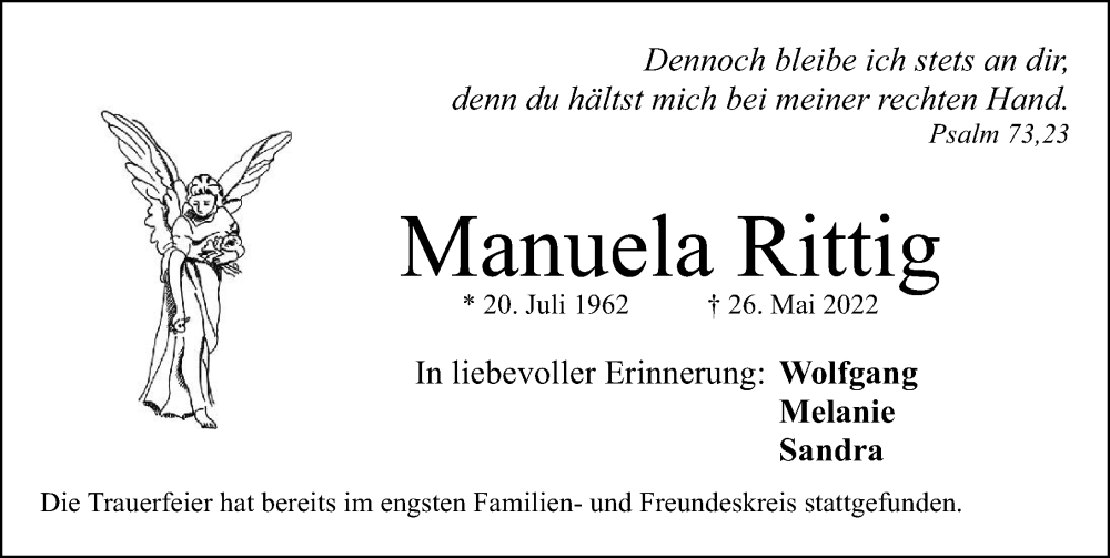  Traueranzeige für Manuela Rittig vom 04.07.2022 aus Fürther Nachrichten Lokal