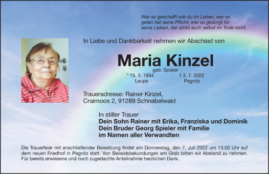 Traueranzeige von Maria Kinzel von Nordbayerische Nachrichten Pegnitz Lokal