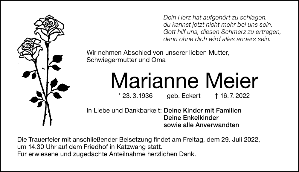  Traueranzeige für Marianne Meier vom 27.07.2022 aus Schwabacher Tagblatt Lokal