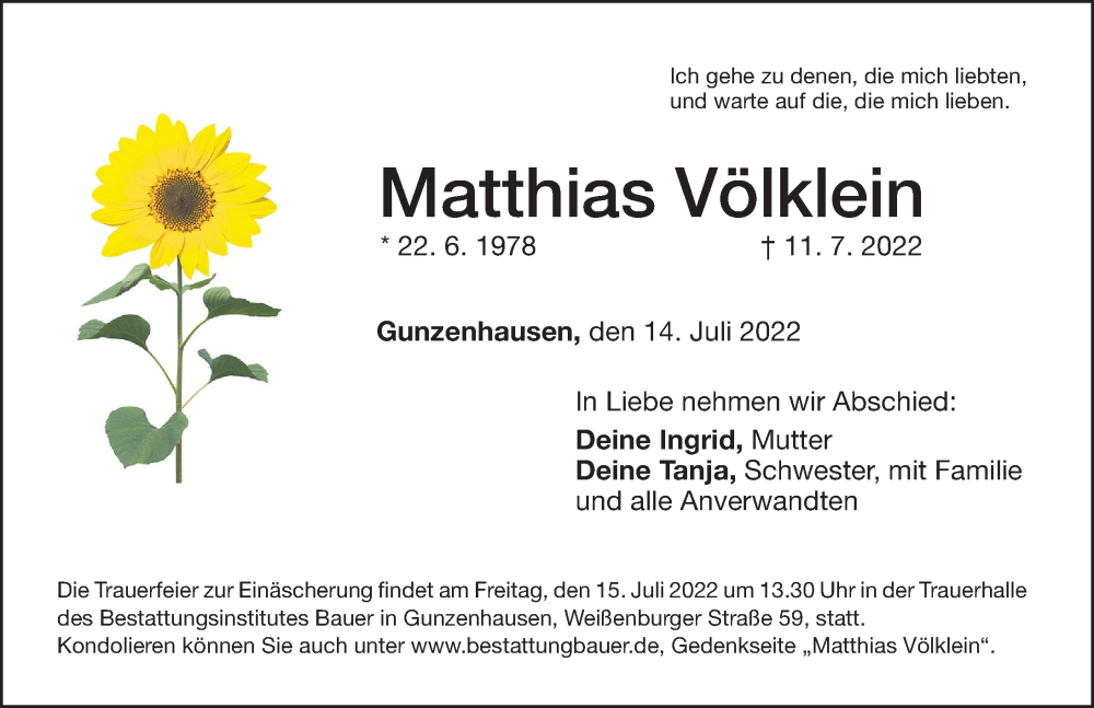  Traueranzeige für Matthias Völklein vom 14.07.2022 aus Altmühl-Bote Lokal