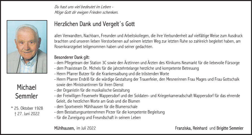  Traueranzeige für Michael Semmler vom 16.07.2022 aus Neumarkter Nachrichten Lokal