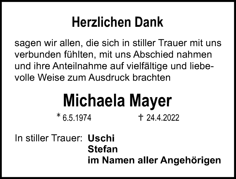  Traueranzeige für Michaela Mayer vom 16.07.2022 aus Erlanger Nachrichten Lokal