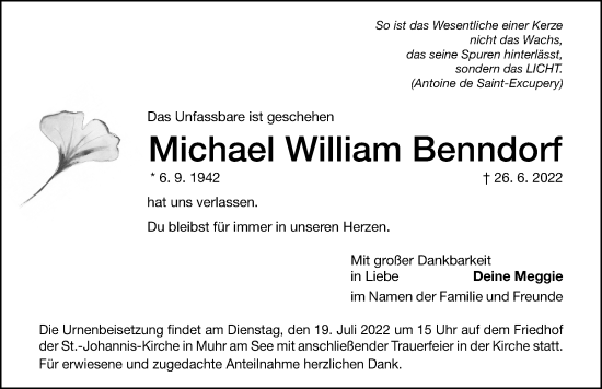 Traueranzeige von Michael William Benndorf von Altmühl-Bote Lokal