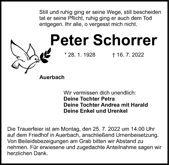 Traueranzeige von Peter Schorrer von Nordbayerische Nachrichten Pegnitz Lokal