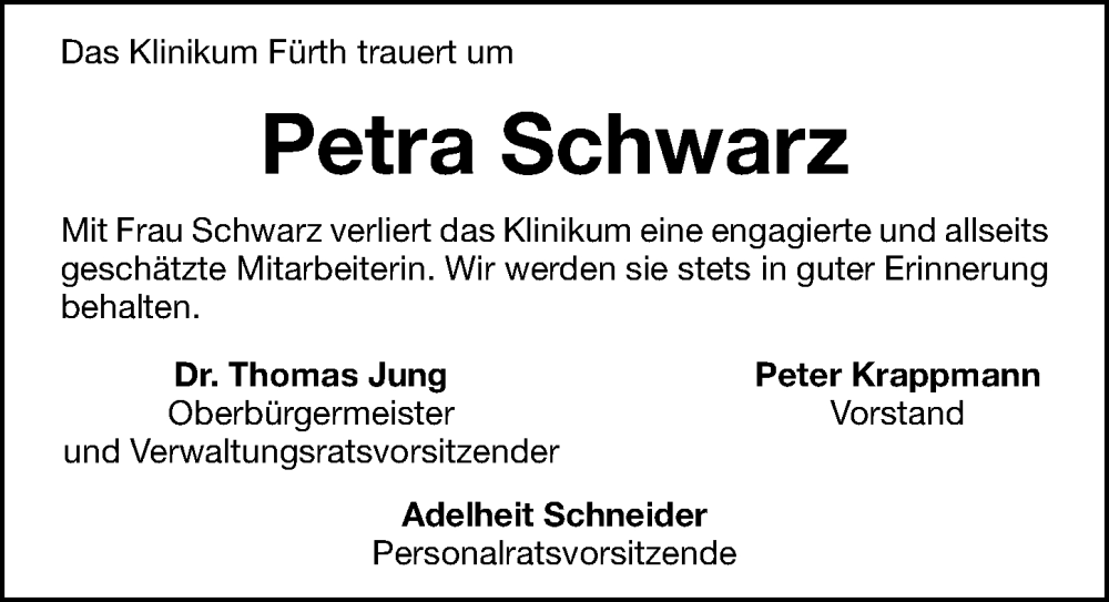  Traueranzeige für Petra Schwarz vom 22.07.2022 aus Fürther Nachrichten Lokal