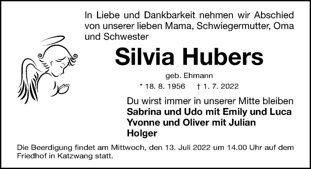  Traueranzeige für Silvia Hubers vom 09.07.2022 aus Gesamtausgabe Nürnberger Nachrichten/ Nürnberger Ztg.