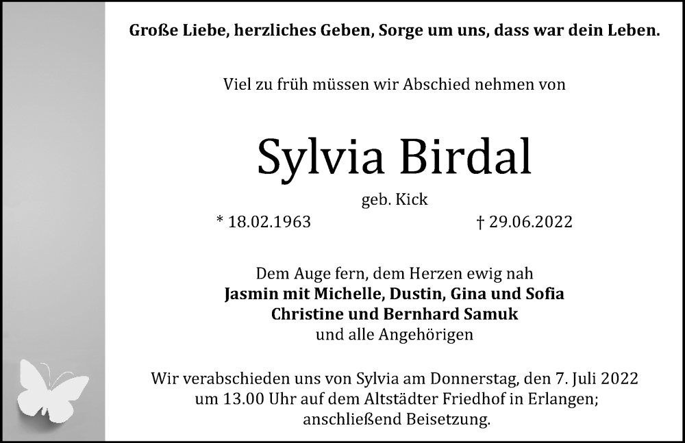  Traueranzeige für Sylvia Birdal vom 02.07.2022 aus Erlanger Nachrichten Lokal