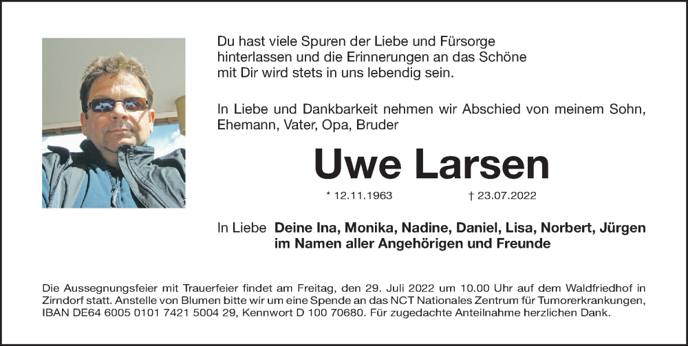  Traueranzeige für Uwe Larsen vom 27.07.2022 aus Gesamtausgabe Nürnberger Nachrichten/ Nürnberger Ztg.