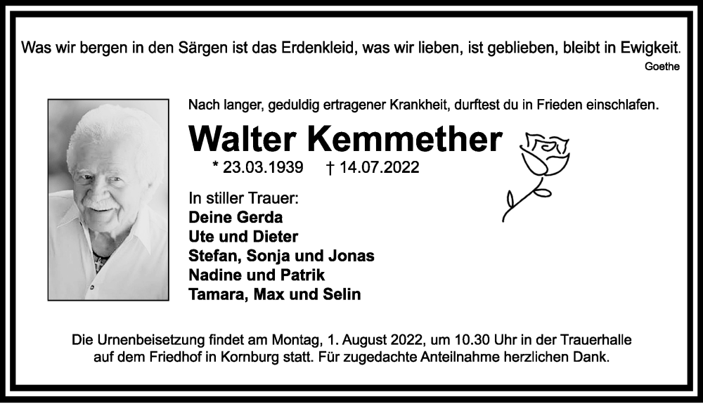  Traueranzeige für Walter Kemmether vom 27.07.2022 aus Gesamtausgabe Nürnberger Nachrichten/ Nürnberger Ztg.