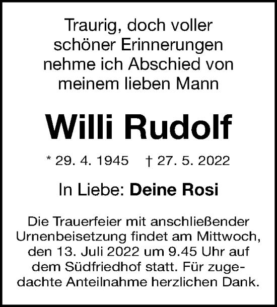 Traueranzeige von Willi Rudolf von Gesamtausgabe Nürnberger Nachrichten/ Nürnberger Ztg.