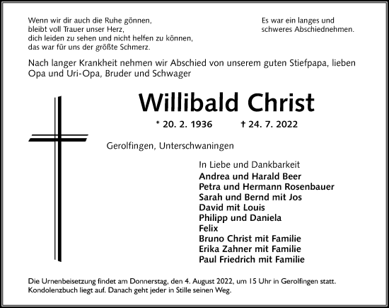 Traueranzeige von Willibald Christ von Altmühl-Bote Lokal
