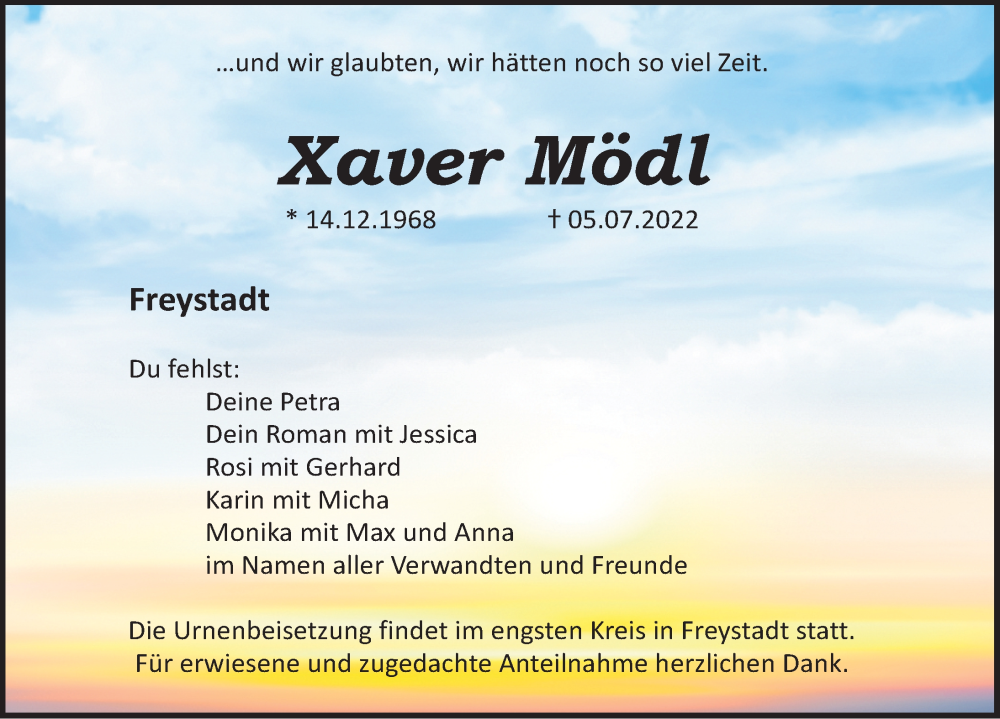 Traueranzeige für Xaver Mödl vom 16.07.2022 aus Neumarkter Nachrichten Lokal