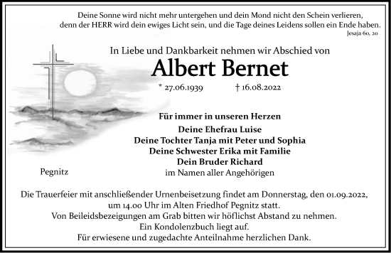 Traueranzeige von Albert Bernet von Nordbayerische Nachrichten Pegnitz Lokal