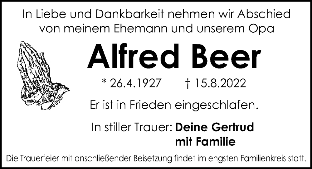  Traueranzeige für Alfred Beer vom 20.08.2022 aus Schwabacher Tagblatt Lokal