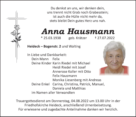 Traueranzeige von Anna Hausmann von Roth-Hilpoltsteiner Volkszeitung Lokal