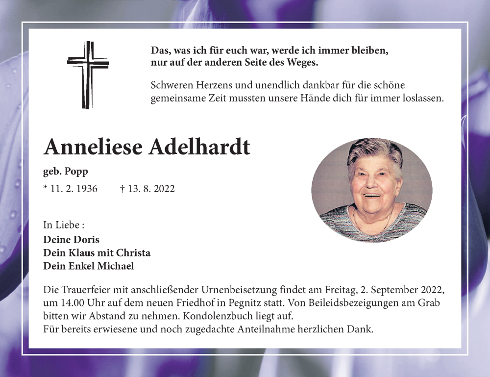  Traueranzeige für Anneliese Adelhardt vom 30.08.2022 aus Nordbayerische Nachrichten Pegnitz Lokal