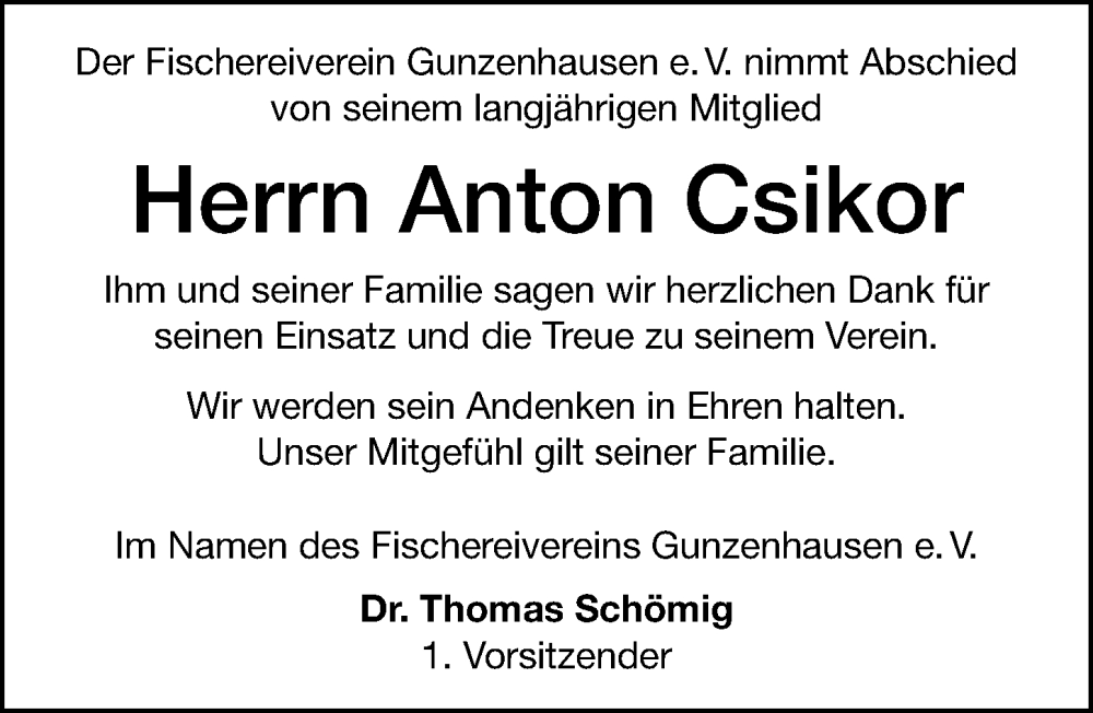  Traueranzeige für Anton Csikor vom 16.08.2022 aus Altmühl-Bote Lokal
