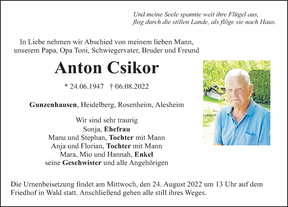  Traueranzeige für Anton Csikor vom 20.08.2022 aus Altmühl-Bote Lokal