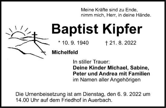 Traueranzeige von Baptist Kipfer von Nordbayerische Nachrichten Pegnitz Lokal