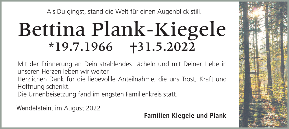  Traueranzeige für Bettina Plank-Kiegele vom 13.08.2022 aus Schwabacher Tagblatt Lokal