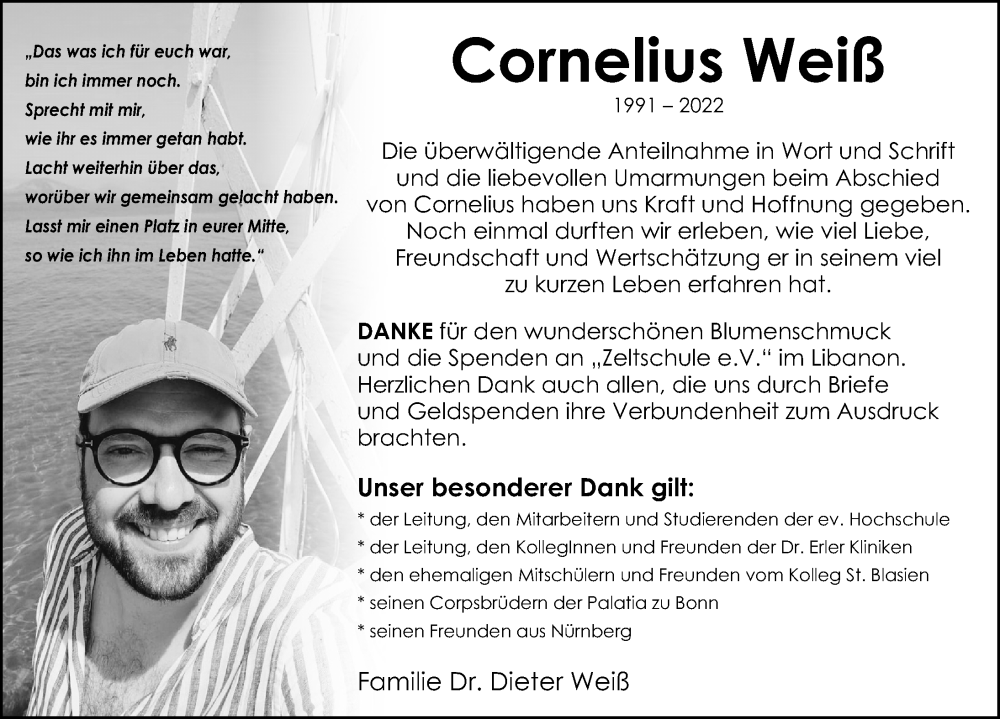  Traueranzeige für Cornelius Weiß vom 20.08.2022 aus Gesamtausgabe Nürnberger Nachrichten/ Nürnberger Ztg.