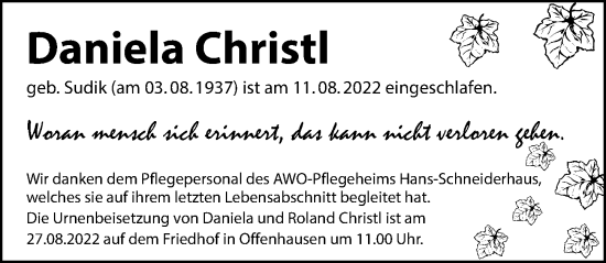 Traueranzeige von Daniela Christl von Gesamtausgabe Nürnberger Nachrichten/ Nürnberger Ztg.