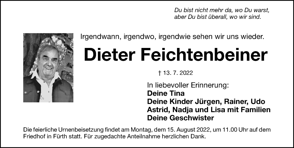  Traueranzeige für Dieter Feichtenbeiner vom 06.08.2022 aus Fürther Nachrichten Lokal