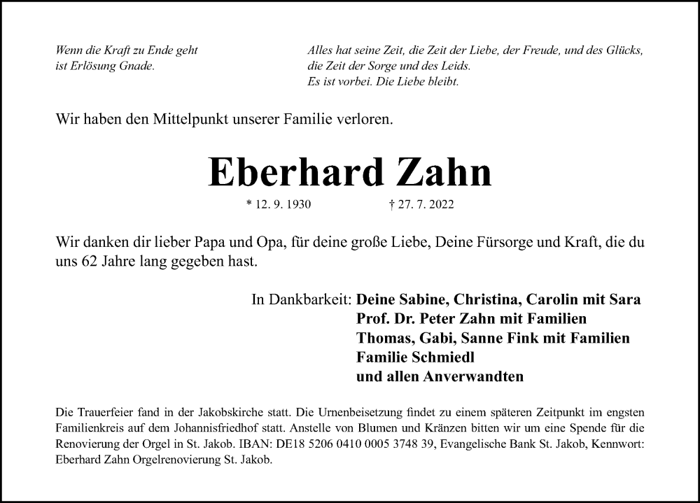  Traueranzeige für Eberhard Zahn vom 06.08.2022 aus Gesamtausgabe Nürnberger Nachrichten/ Nürnberger Ztg.