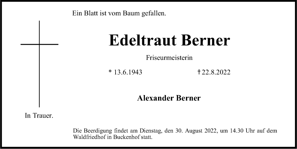 Traueranzeigen Von Edeltraut Berner | Trauer.nn.de