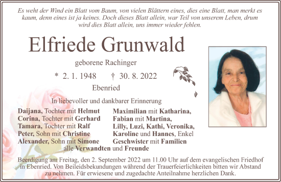 Traueranzeige von Elfriede Grunwald von Roth-Hilpoltsteiner Volkszeitung Lokal