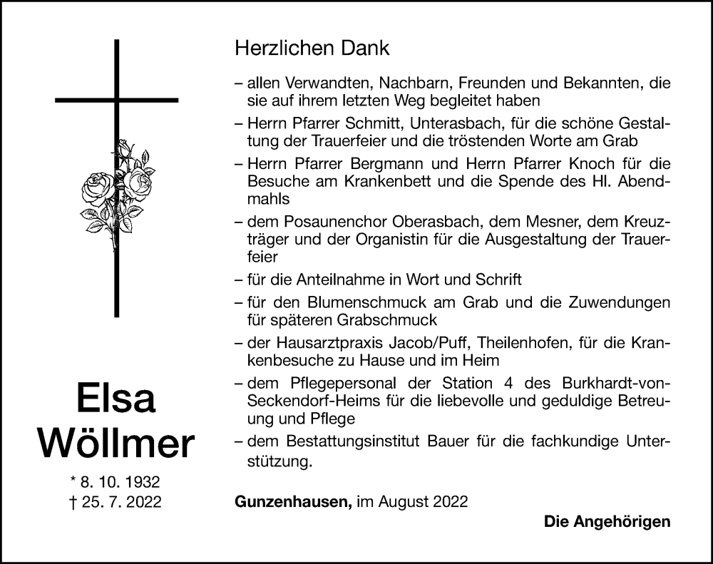  Traueranzeige für Elsa Wöllmer vom 17.08.2022 aus Altmühl-Bote Lokal