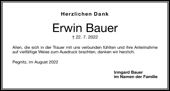 Traueranzeige von Erwin Bauer von Nordbayerische Nachrichten Pegnitz Lokal