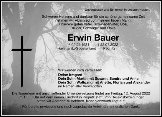 Traueranzeige von Erwin Bauer von Nordbayerische Nachrichten Pegnitz Lokal