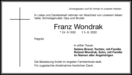 Traueranzeige von Franz Wondrak von Nordbayerische Nachrichten Pegnitz Lokal