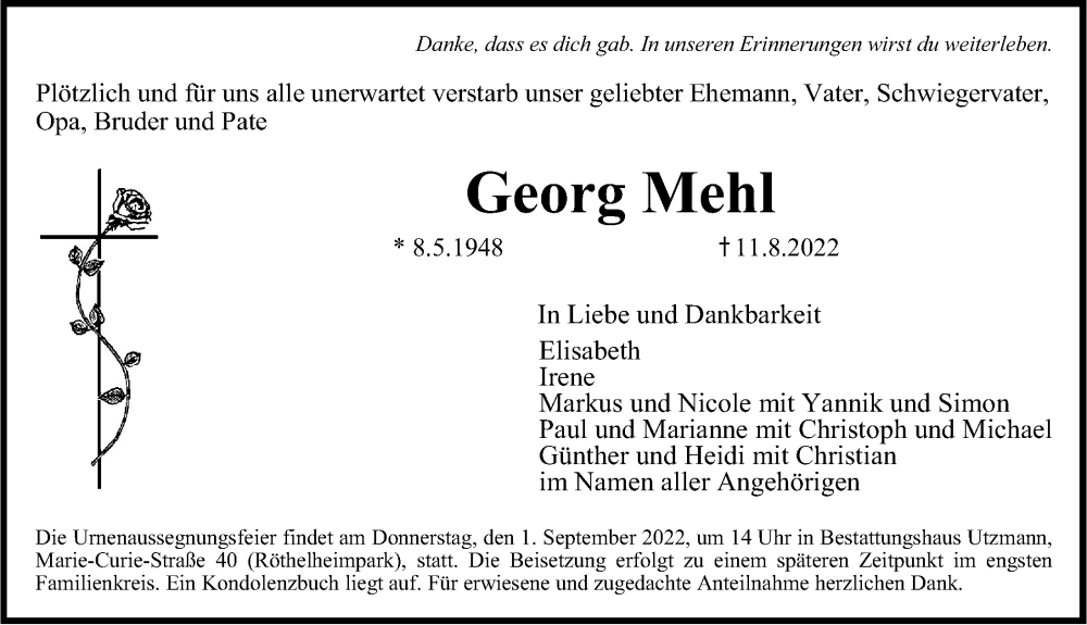  Traueranzeige für Georg Mehl vom 27.08.2022 aus Erlanger Nachrichten Lokal