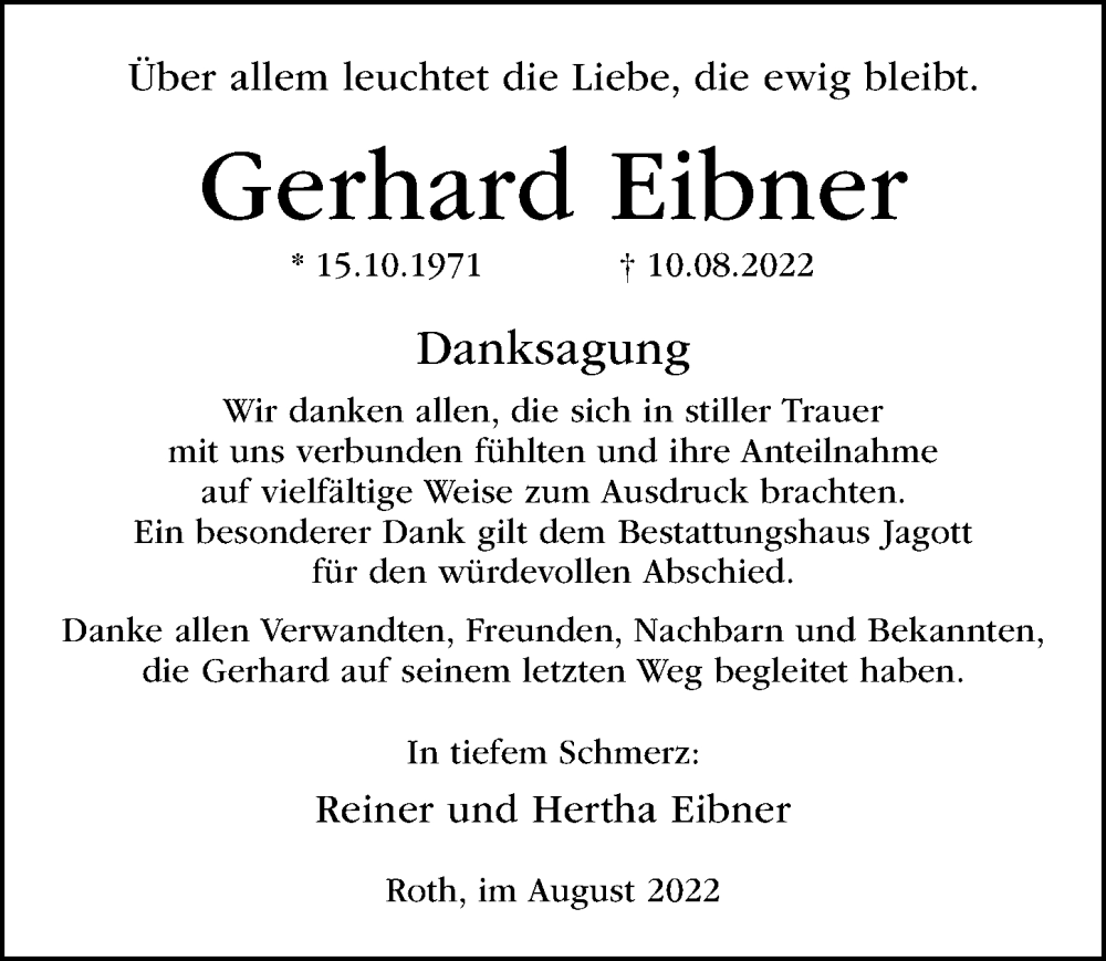  Traueranzeige für Gerhard Eibner vom 25.08.2022 aus Roth-Hilpoltsteiner Volkszeitung Lokal