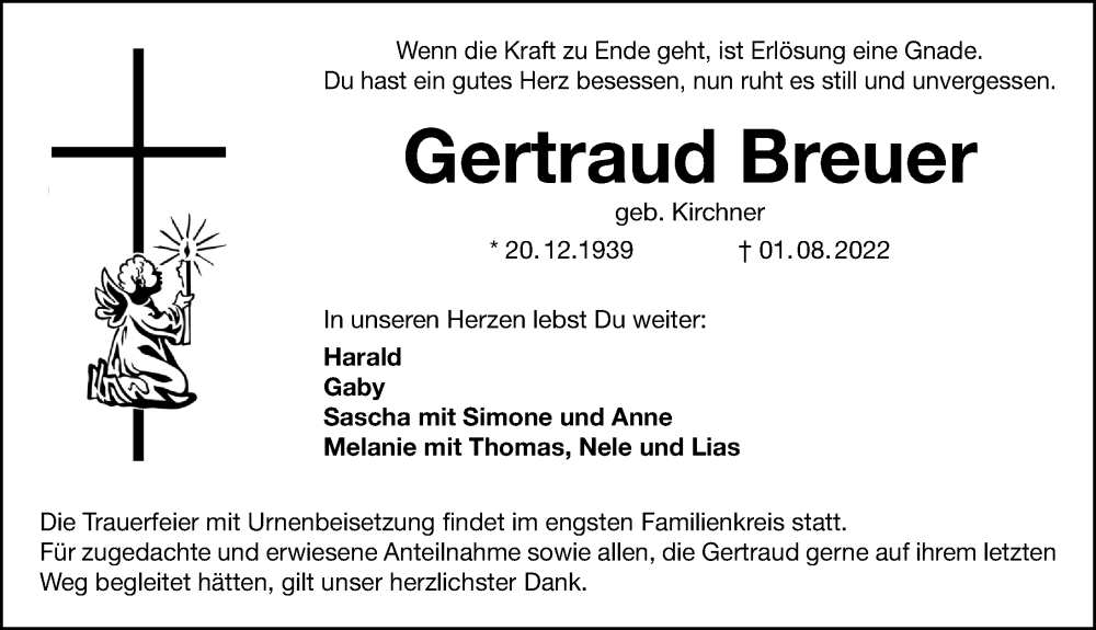  Traueranzeige für Gertraud Breuer vom 03.08.2022 aus Weißenburger Tagblatt u.Treuchtlinger Kurier Lokal