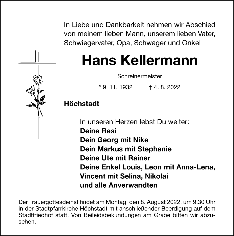  Traueranzeige für Hans Kellermann vom 06.08.2022 aus Nordbayerische Nachrichten Herzogenaurach Lokal