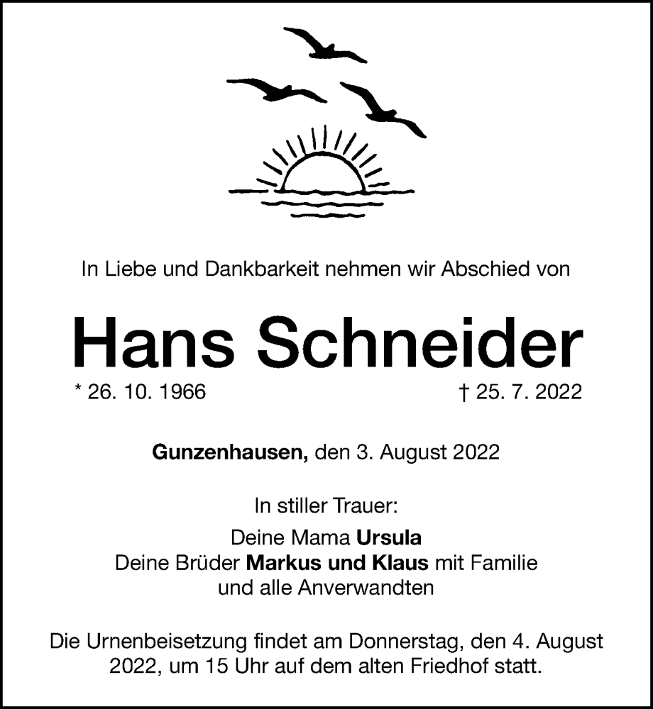  Traueranzeige für Hans Schneider vom 03.08.2022 aus Altmühl-Bote Lokal