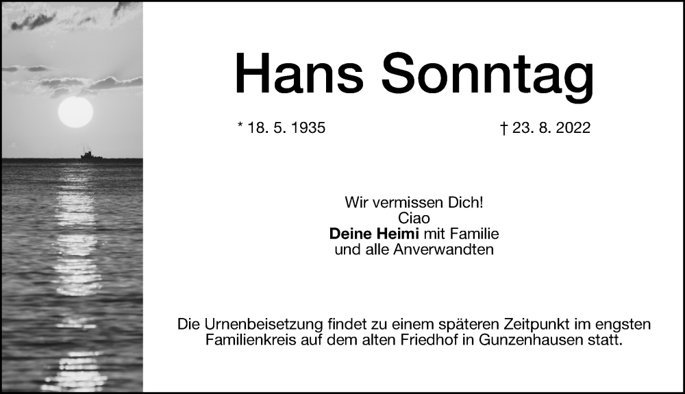  Traueranzeige für Hans Sonntag vom 27.08.2022 aus Altmühl-Bote Lokal