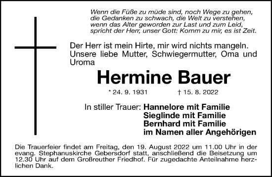 Traueranzeige von Hermine Bauer von Gesamtausgabe Nürnberger Nachrichten/ Nürnberger Ztg.