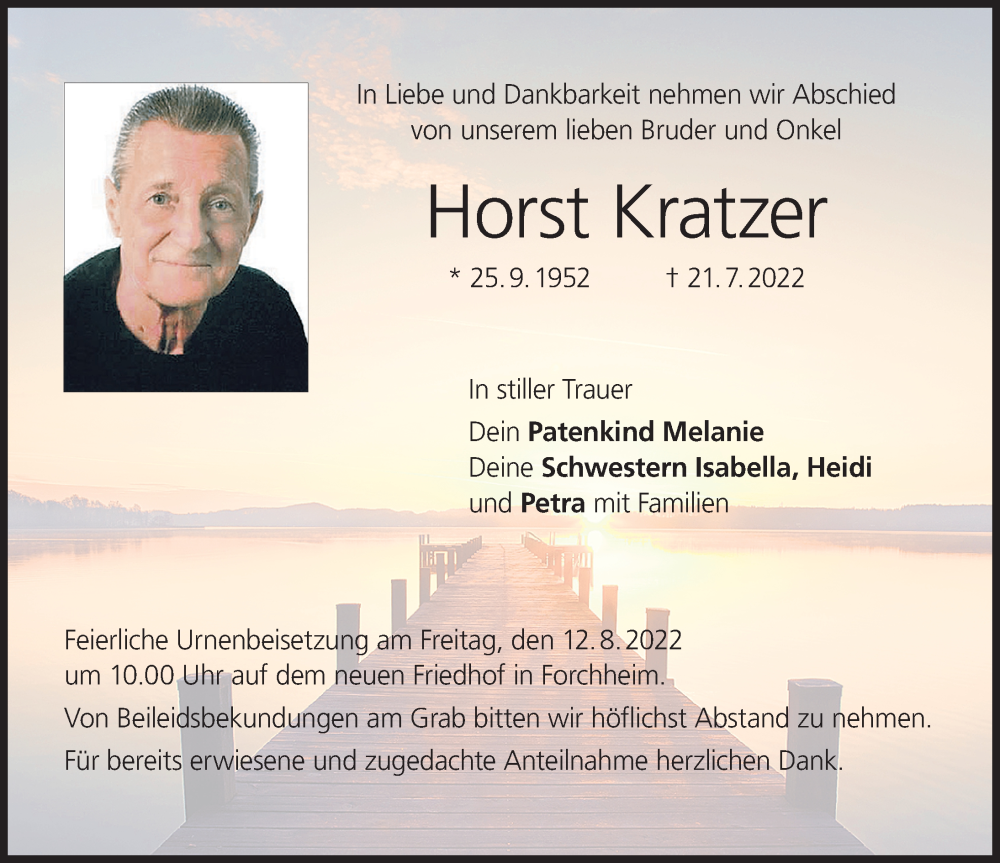  Traueranzeige für Horst Kratzer vom 06.08.2022 aus Erlanger Nachrichten Lokal