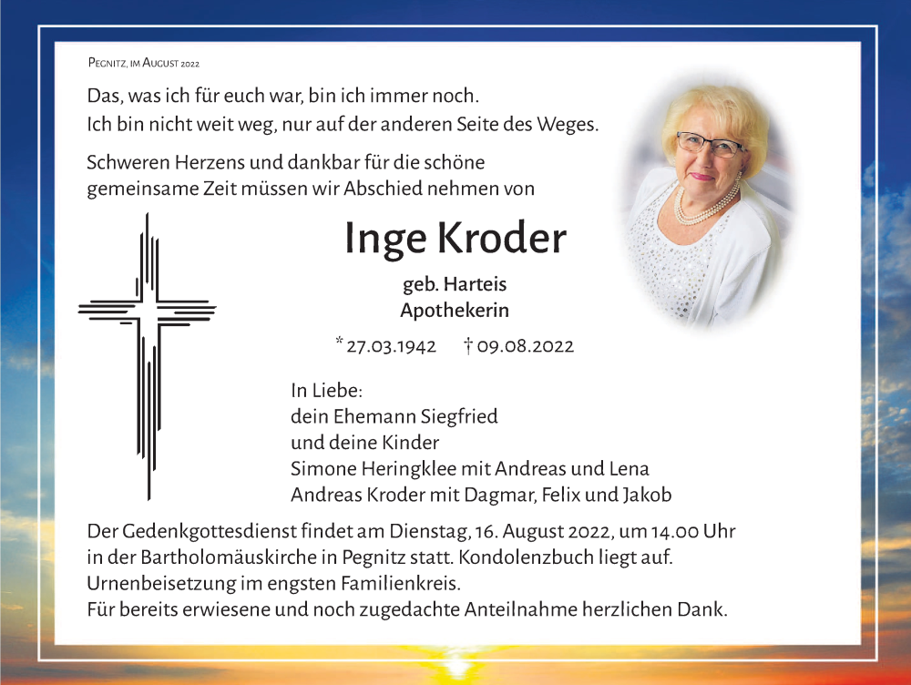  Traueranzeige für Inge Kroder vom 13.08.2022 aus Nordbayerische Nachrichten Pegnitz Lokal