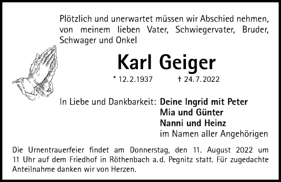 Traueranzeige von Karl Geiger von Gesamtausgabe Nürnberger Nachrichten/ Nürnberger Ztg.