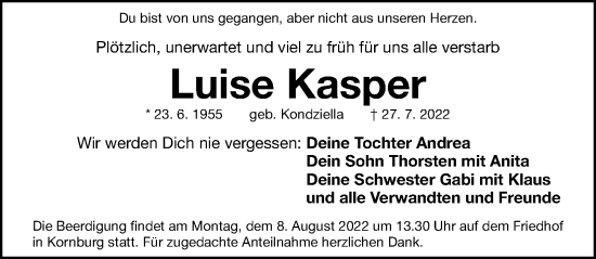 Traueranzeige von Luise Kasper von Gesamtausgabe Nürnberger Nachrichten/ Nürnberger Ztg.