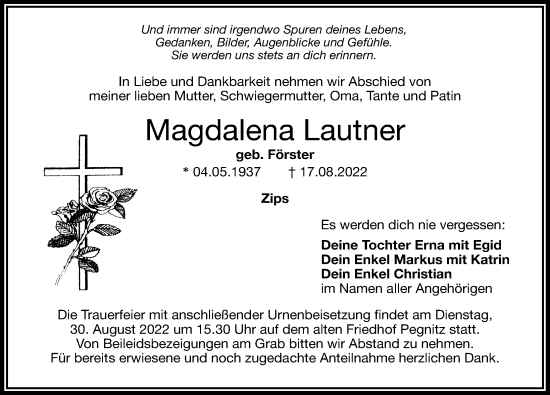 Traueranzeige von Magdalena Lautner von Nordbayerische Nachrichten Pegnitz Lokal