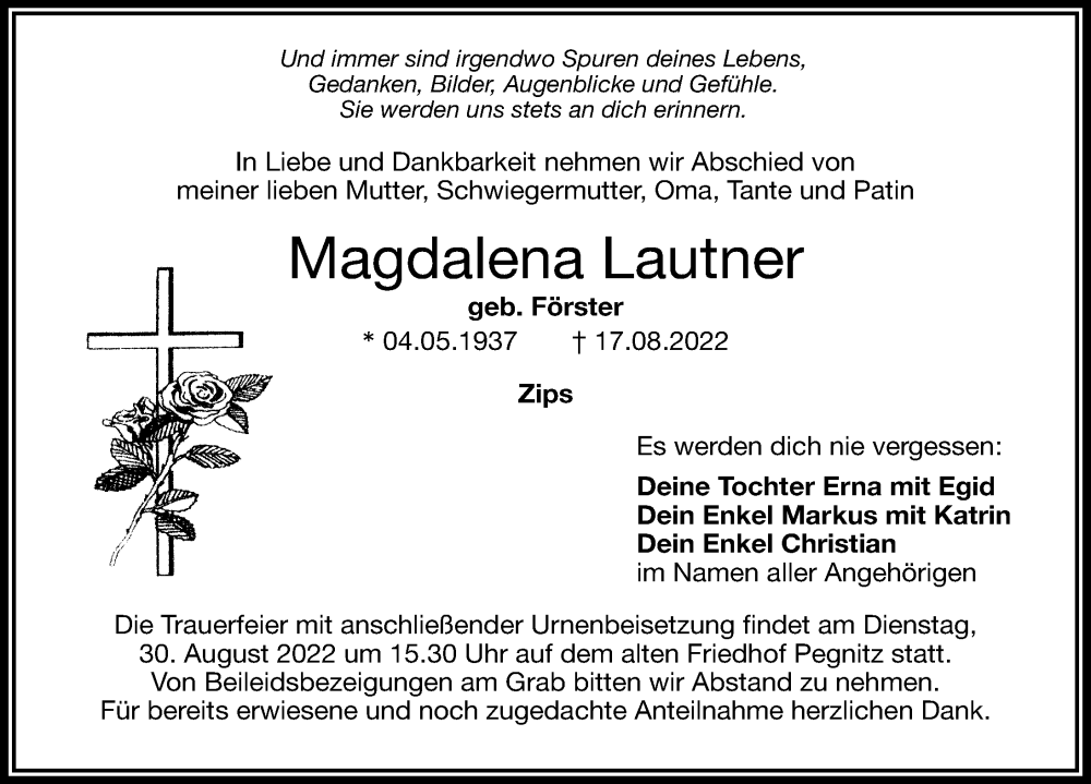  Traueranzeige für Magdalena Lautner vom 27.08.2022 aus Nordbayerische Nachrichten Pegnitz Lokal