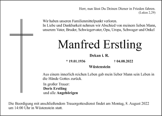 Traueranzeige von Manfred Erstling von Nordbayerische Nachrichten Forchheim Lokal