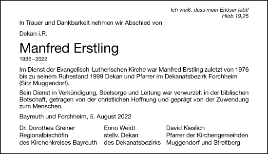 Traueranzeige von Manfred Erstling von Nordbayerische Nachrichten Forchheim Lokal
